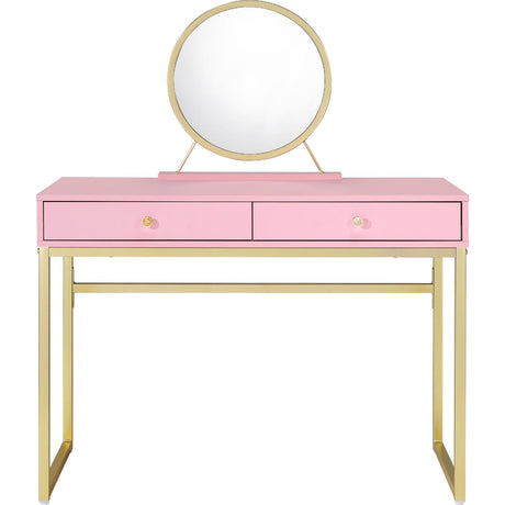 2 Drawers Vanity Desk with Mirror and Jewelry Tray, Pink and Gold