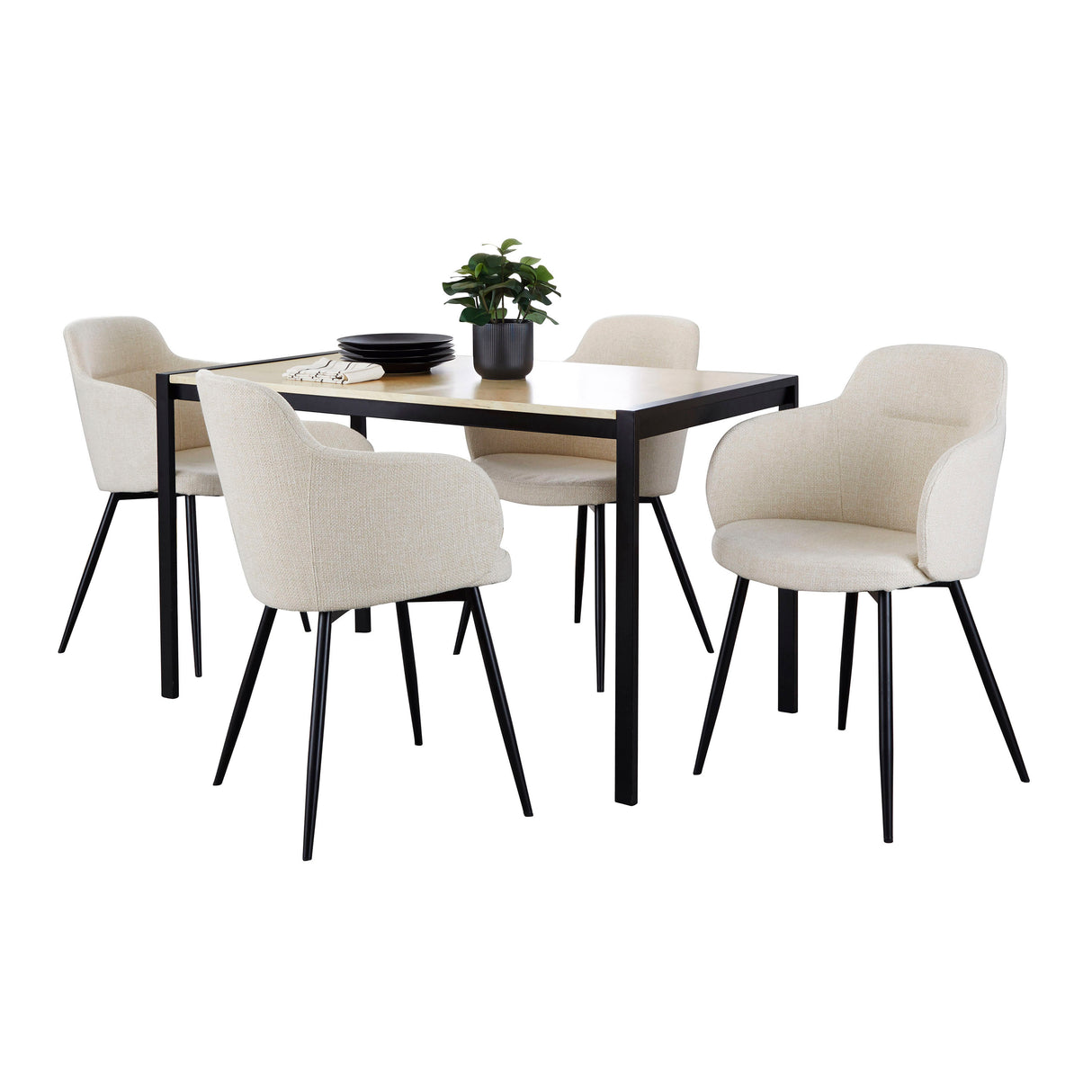 Fuji-Boyne Contemporary Dining Set in Black Metal, Natural Wood and Cream Noise Fabric by LumiSource - 5 Piece