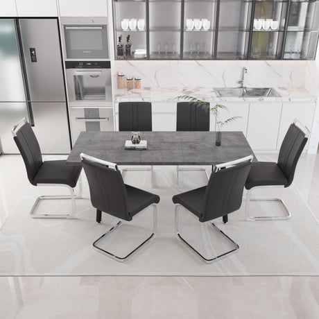 55.12-70.87' expandable square dining table set that can accommodate 4-6 people, equipped with 6 C-shaped tubular cushioned armless dining chair,  kitchen table and chair set, with metal legs - sold by Home Elegance USA
