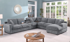 Celine 141.5' Light Gray Chenille Fabric Corner Sectional Sofa with Right-Facing Chaise, Cupholders, and Charging Ports - sold by Home Elegance USA