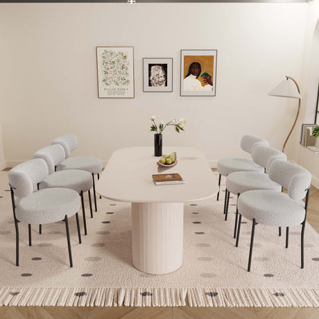 63' medieval modern cream style MDF dining table and 6 sets of circular cushioned armless dining chairs. Assemble desktop and black metal leg dining chair set, suitable for home & kitchen - sold by Home Elegance USA