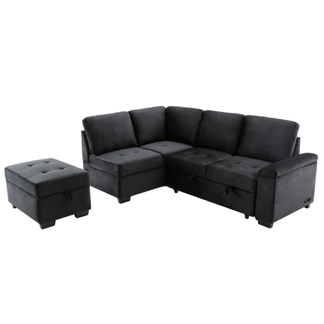 Sleeper Sectional Sofa, L-Shape Corner Couch Sofa-Bed with Storage Ottoman & Hidden Arm Storage & USB Charge  for Living Room Apartment, Black - sold by Home Elegance USA