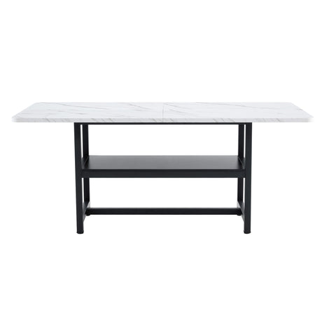 Table and chair set.71*35.4 inch White Grain Spliced Dining Table With Storage Function In The Middle Of The Table Legs.Paired with 8 black PU dining chairs with ergonomic buckle backrest. - sold by Home Elegance USA