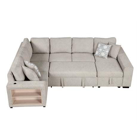 Beige Chenille U-Shaped Sectional Sofa with Pull-out Bed, USB Ports, Storage Chaise & Back Pillows - sold by Home Elegance USA