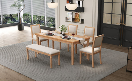 TREXM Vintage Extendable Dining Table Set for 6 with 4 Chairs & Bench, 59 to 72-Inch Rustic Farmhouse Kitchen Table Set with Distressed Finish and Retro Carved Legs (Natural Wood Wash) - sold by Home Elegance USA