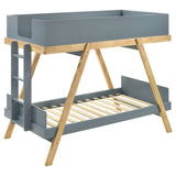 Hicks Blue Twin Over Twin Bunk Bed in Van Courtland Blue Wood Frame with Angled Supports and Attached Ladder