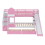 Twin-Over-Twin Castle Style Bunk Bed with 2 Drawers 3 Shelves and Slide - Pink - Home Elegance USA