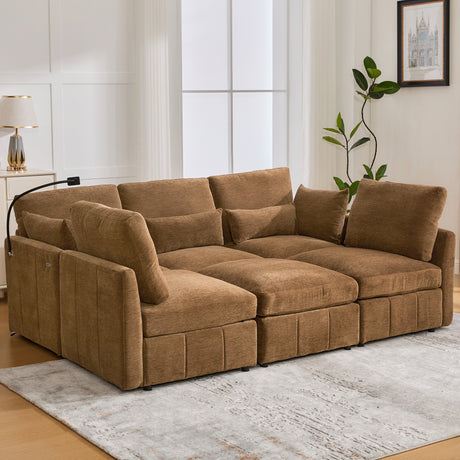 Modern Sectional Sofa Modular Sofa 85.4' U-shaped Sofa Couch with Movable Ottoman, USB Ports, Phone Holder, Brown Chenille - sold by Home Elegance USA