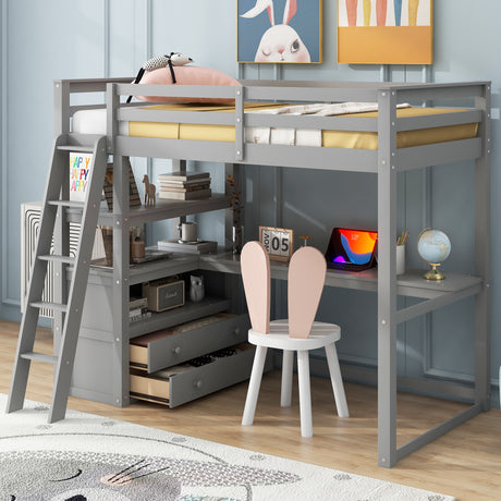Twin Size Loft Bed with Desk and Shelves, Two Built-in Drawers, Gray(Old SKU: GX000423AAE)