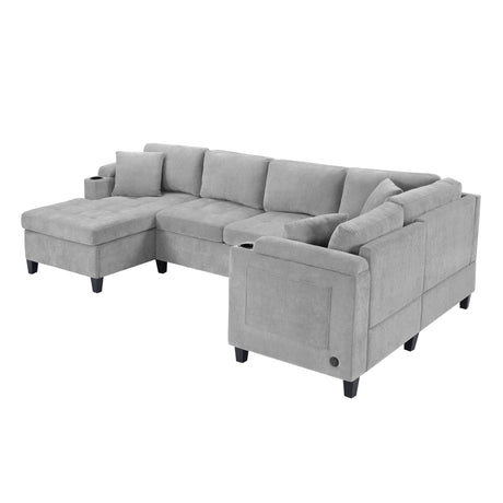 Modern U-shaped Sectional Sofa 115.7' Corner Living Room Couch with Built-in Cup Holders, Storage, USB Ports in Light Grey Chenille Fabric - sold by Home Elegance USA