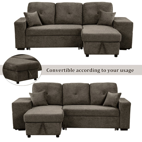Reversible Sleeper Sectional Sofa Bed with Side Shelf and 2 Stools, Pull-Out L-Shaped Sofa Bed, Corner Sofa-Bed with Storage Chaise, Knox Charcoal Velvet - sold by Home Elegance USA