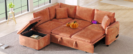 Convertible L-shaped Sofa Bed with Storage Ottoman, Power Sockets & USB Ports, Orange Chenille, 82.67' - sold by Home Elegance USA