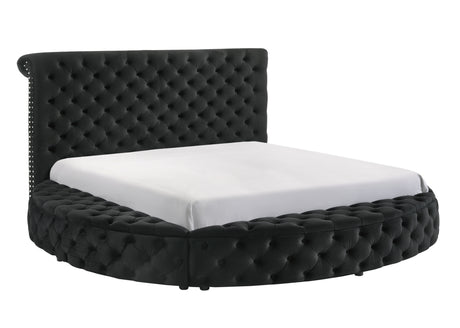 Unique Round Plush Black Velvet Button-Tufted Detailing Storage Bed Queen Size Black 2x Nightstands Wooden Bedroom Furniture 3pc Set - sold by Home Elegance USA