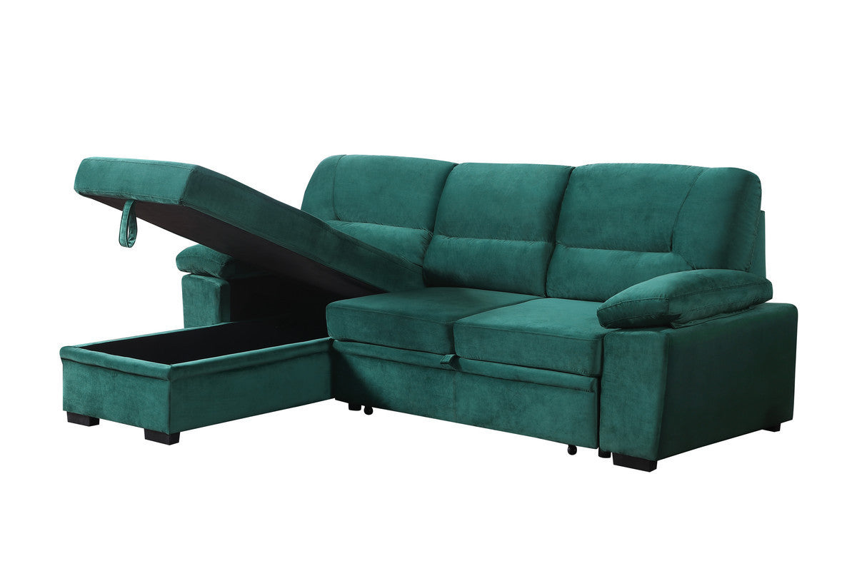 Kipling Green Velvet Fabric Reversible Sleeper Sectional Sofa Chaise - Home Elegance USA