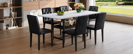 Table and chair set.71*35.4 inch White Grain Spliced Dining Table With Storage Function In The Middle Of The Table Legs.Paired with 8 black PU dining chairs with ergonomic buckle backrest. - sold by Home Elegance USA