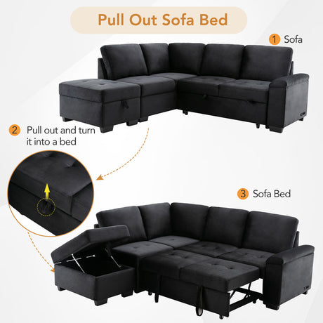 Sleeper Sectional Sofa, L-Shape Corner Couch Sofa-Bed with Storage Ottoman & Hidden Arm Storage & USB Charge  for Living Room Apartment, Black - sold by Home Elegance USA