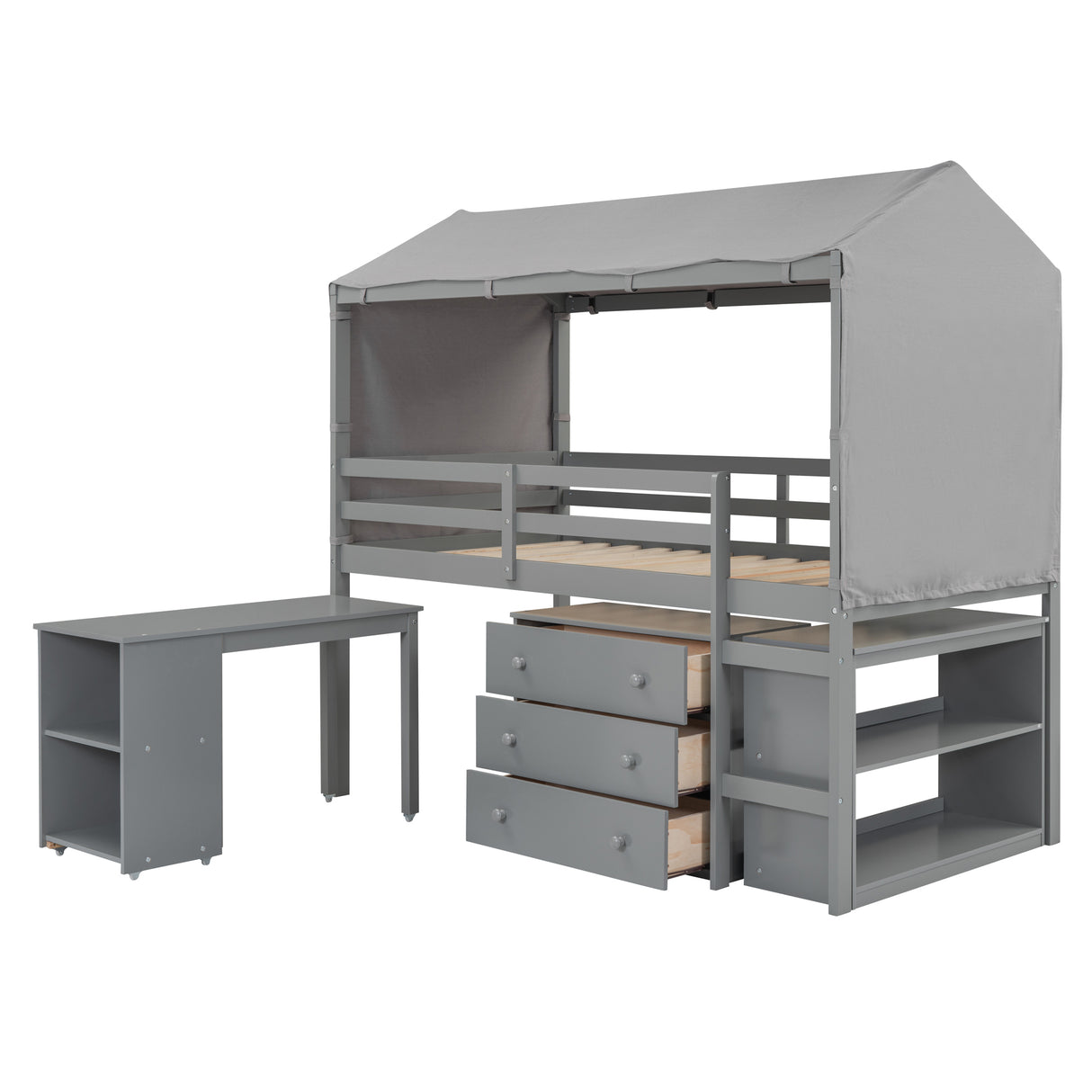 Twin Size Loft Bed with Rolling Cabinet, Shelf and Tent - Gray - Home Elegance USA