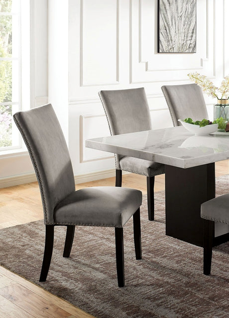 Gorgeous Marble Top Table w 6x Side Chairs Light Gray Flannelette Upholstered Chair Dining Room 7pc Set Wooden Furniture - sold by Home Elegance USA
