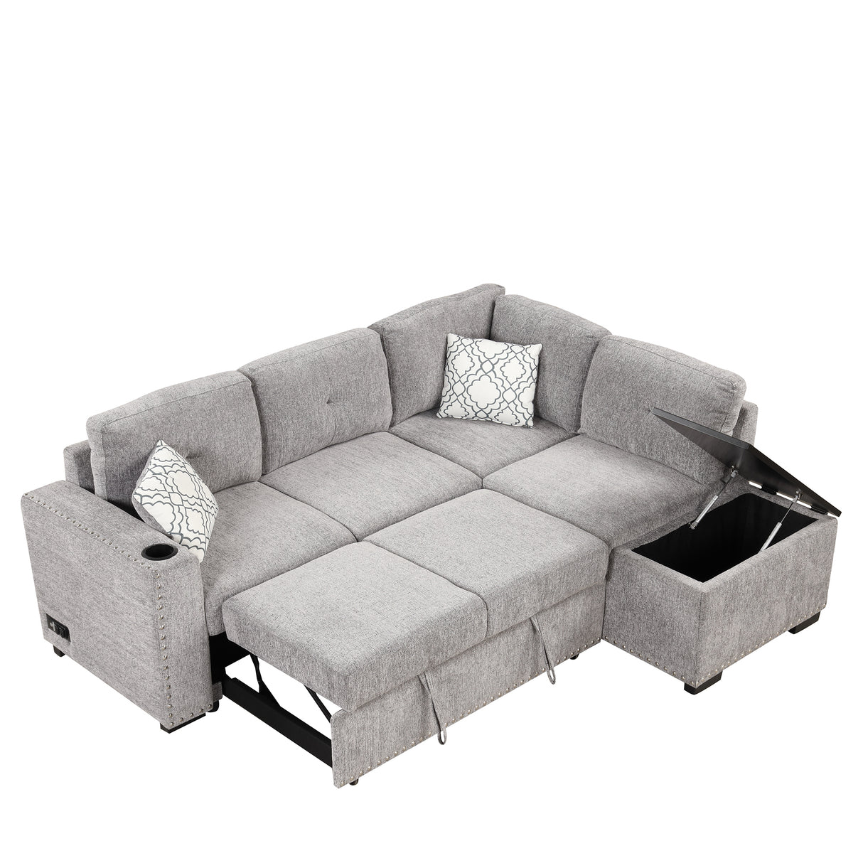 83.8" Reversible Sectional Pull - Out Sofa Bed L - Shaped Corner Sofa Couch with Storage Chaise, USB Ports, Power Sockets, Cup Holder for Living Room, Bedroom, Study,Light Gray | Home Elegance USA