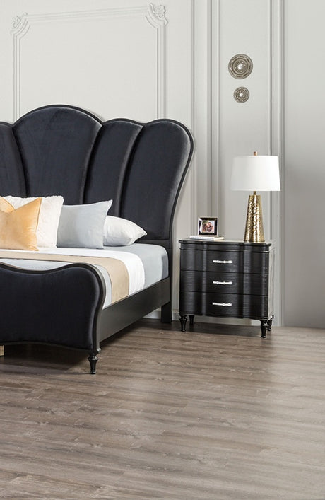 Lovely Attractive Bedroom 3pc Set Queen Size Bed 2x Nightstands Black Fabric Padded HB Wood Legs - sold by Home Elegance USA
