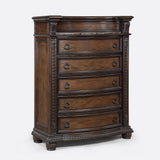 1pc Marble Top Five Drawers Tall Chest Intricate Moldings Beautifully Curved Silhouette Antiqued Hardware Bedroom Solid Wood Furniture Coffee Brown Finish