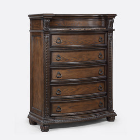 1pc Marble Top Five Drawers Tall Chest Intricate Moldings Beautifully Curved Silhouette Antiqued Hardware Bedroom Solid Wood Furniture Coffee Brown Finish
