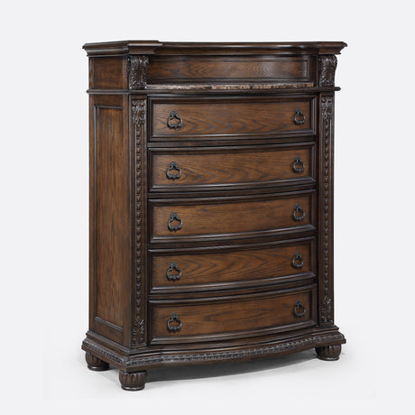 1pc Marble Top Five Drawers Tall Chest Intricate Moldings Beautifully Curved Silhouette Antiqued Hardware Bedroom Solid Wood Furniture Coffee Brown Finish