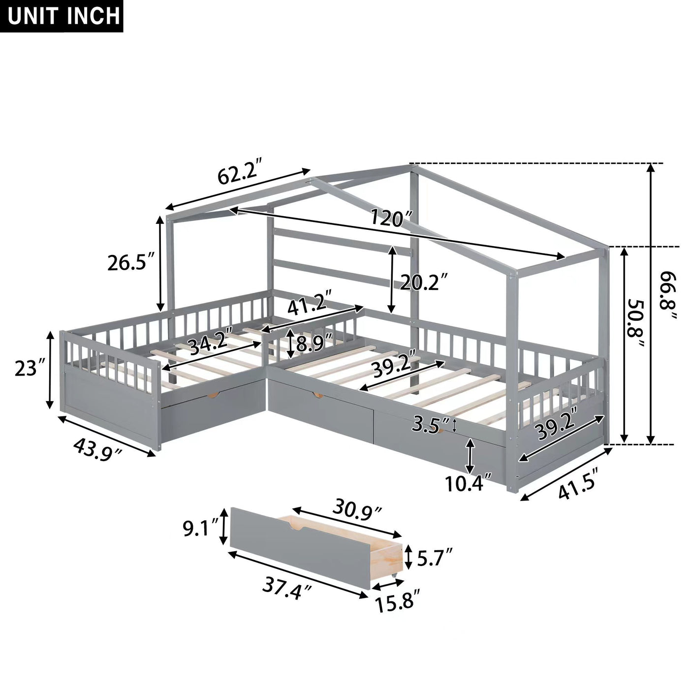 Twin Size House Platform Bed with Three Storage Drawers,Gray - Home Elegance USA