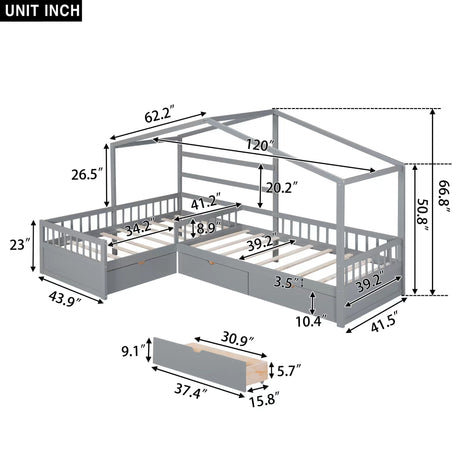 Twin Size House Platform Bed with Three Storage Drawers,Gray - Home Elegance USA