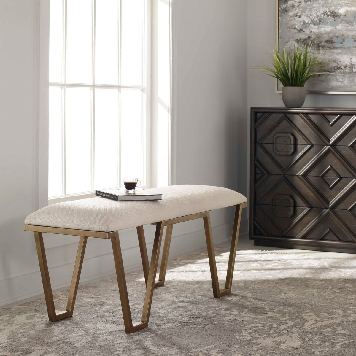 Farrah Geometric Bench - White / Yellow by Uttermost - View 3