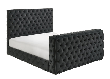 Luxurious King Size Bed Nightstand Set Deeply Tufted Headboard Upholstery Black Velvet Footboard Integrated Television Lift Mechanism Storage 3pc Set - sold by Home Elegance USA