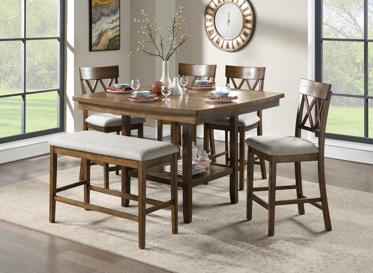 Contemporary 6pc Dining Set Counter Height Table Bench and 4 Counter Height Chairs Functional Lazy Susan Shelf Table Light Oak Finish Wooden Kitchen Dining Furniture