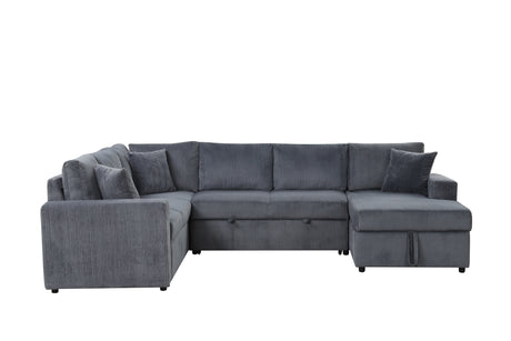 Ruxley 123'W Gray Corduroy Sleeper Sectional Sofa with Right-Facing Storage Chaise and Throw Pillows - sold by Home Elegance USA
