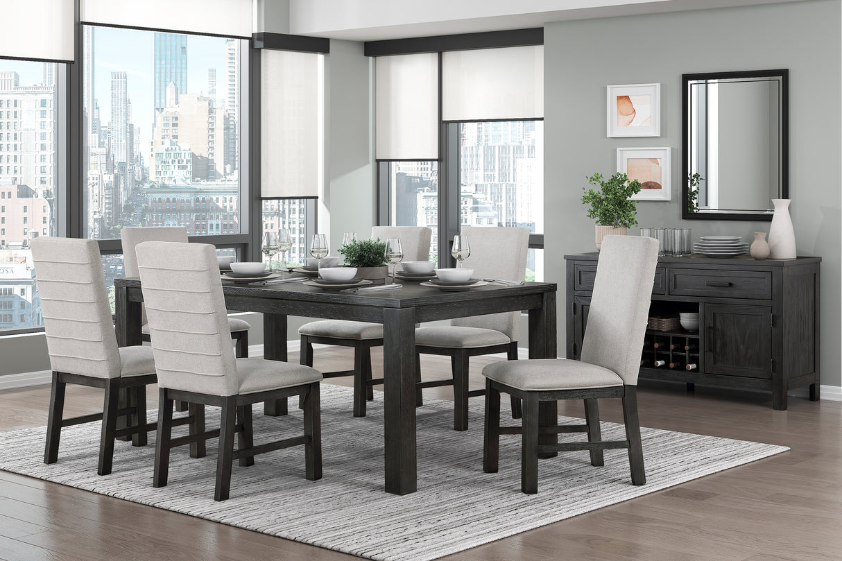 Juego de comedor moderno de 7 piezas con acabado negro antiguo, mesa rectangular y 6 sillas tapizadas, muebles de comedor de madera gris texturizada.