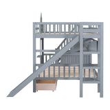 Full-Over-Full Castle Style Bunk Bed with 2 Drawers 3 Shelves and Slide - Gray(OLD SKU:LT000558AAE-2) - sold by Home Elegance USA