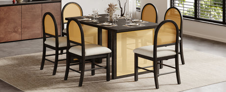 TREXM 7-Piece Farmhouse Dining Table Set for 6 - 59.8' Rectangular Dining Table with Distressed Oak Veneer and 6 Rattan Chairs, Rustic Kitchen Furniture for Dining Room(Espresso) - sold by Home Elegance USA