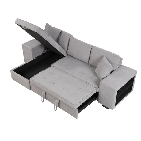 Modern Reversible L-Shape Pull Out Sleeper Sofa with Storage Chaise and Stools, Gray Linen, 104.5' - sold by Home Elegance USA