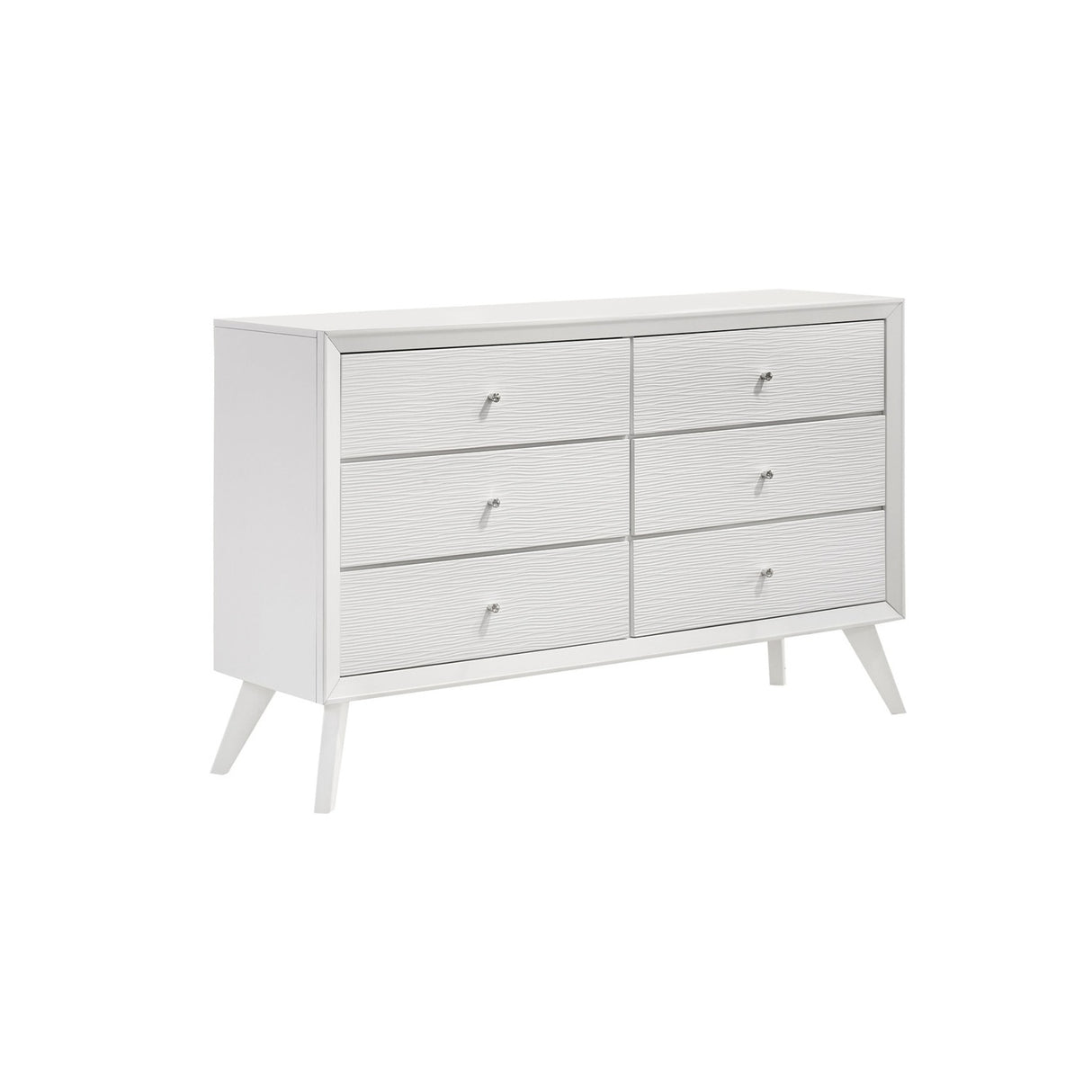 Contemporary Style 1pc Dresser with Angled Legs, White Solid Wood Furniture with Wave Texture and Round Bronze Knobs