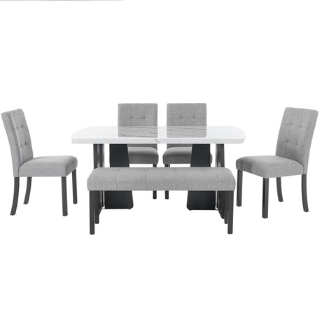 6 Piece Modern Dining Table Set, 63' Faux Marble Dining Table with Geometric Legs & 4 Upholstered Chairs & 1 Bench, Suitable for Dining Kitchen Room,Easy to Assemble, White+Gray - sold by Home Elegance USA