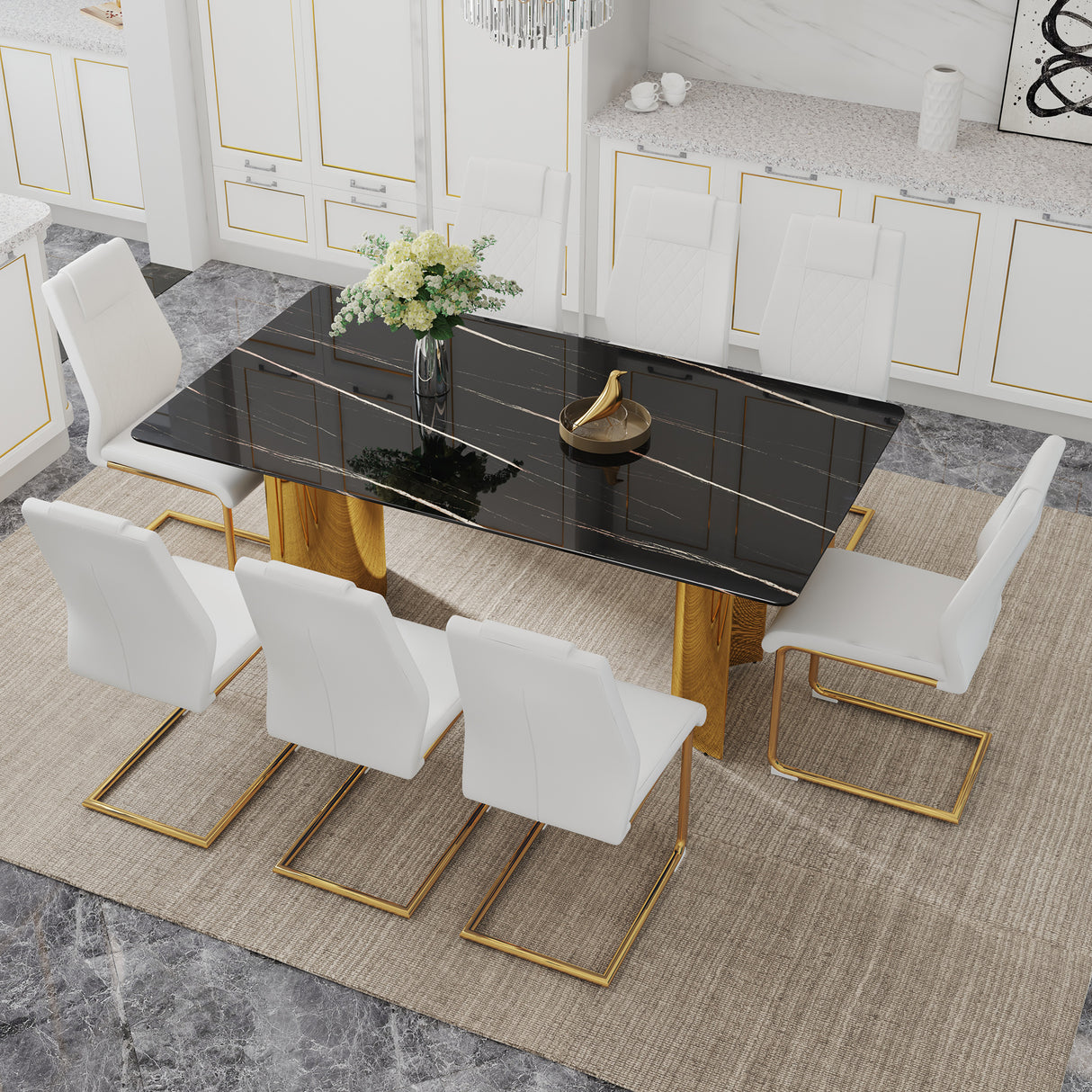 Table and chair set.The table has a glass tabletop with imitation marble pattern stickers and stainless steel golden legs. Paried with 8 comfortable chairs with PU seats and metal legs.W1151S01512
