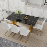 Table and chair set.The table has a glass tabletop with imitation marble pattern stickers and stainless steel golden legs. Paried with 8 comfortable chairs with PU seats and metal legs.W1151S01512