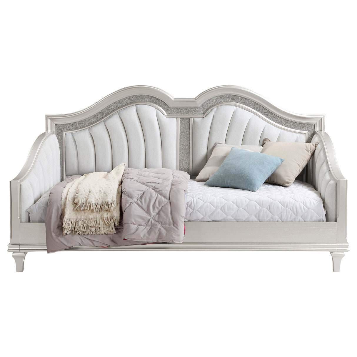 Twin Daybed - Evangeline Upholstered Twin Daybed with Faux Diamond Trim Silver and Ivory