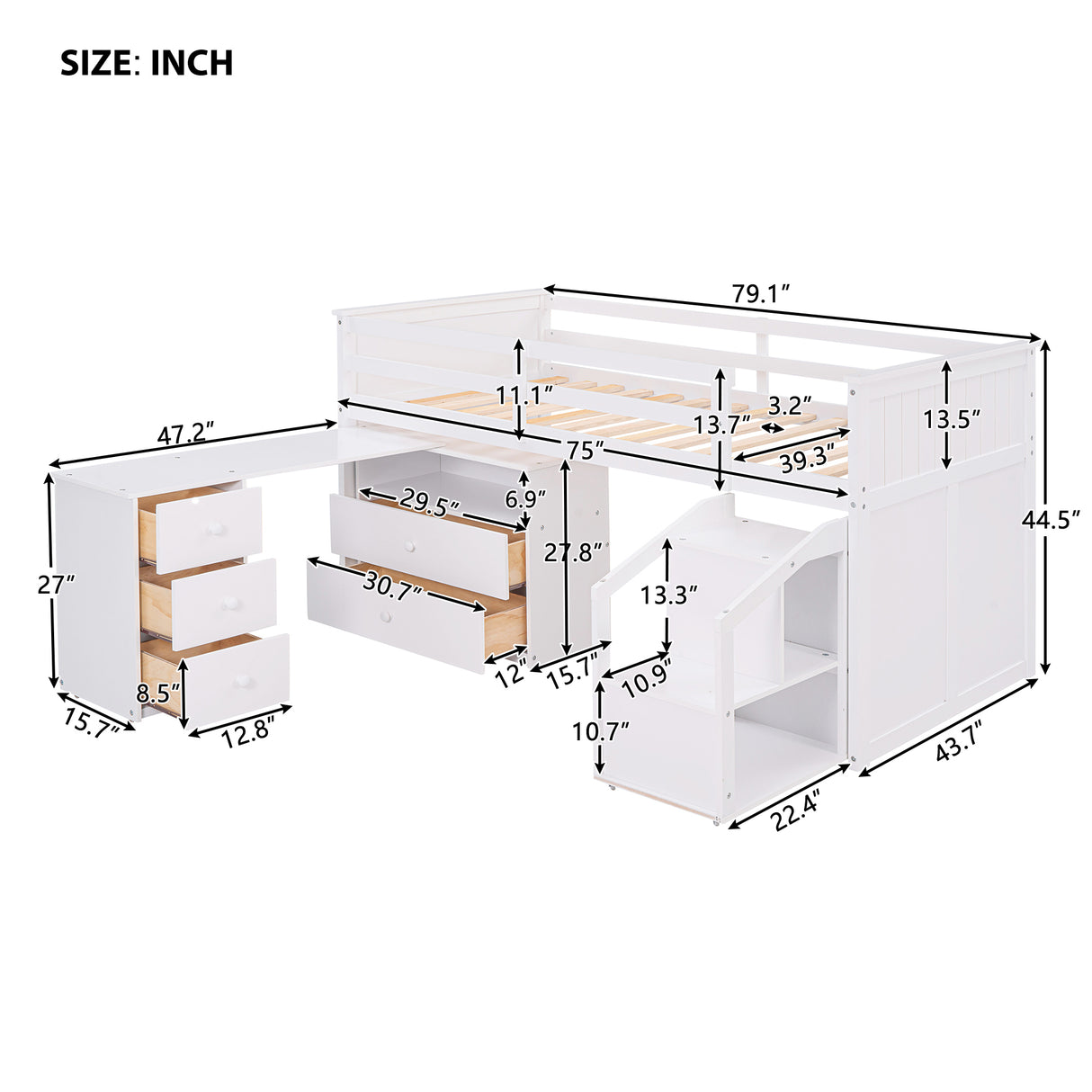 Loft Bed Low Study Twin Size Loft Bed With Storage Steps and Portable,Desk,White(OLD SKU: LT000101AAK) - Home Elegance USA