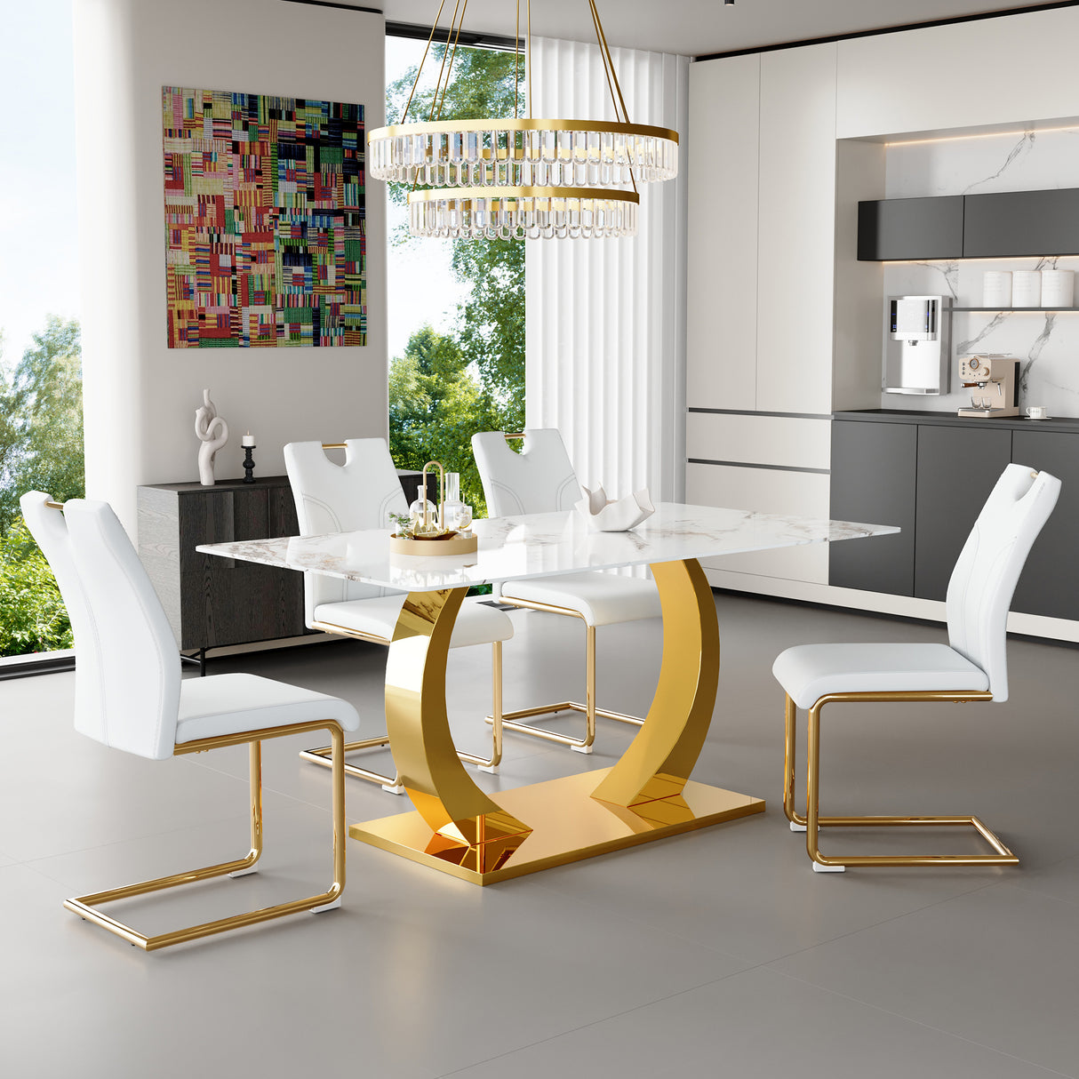 Marble-Veined Tempered Glass Dining Set with Gold Accents: 63-inch Transformable Table & 4 U-Shaped Armchairs  Modern Minimalist Style