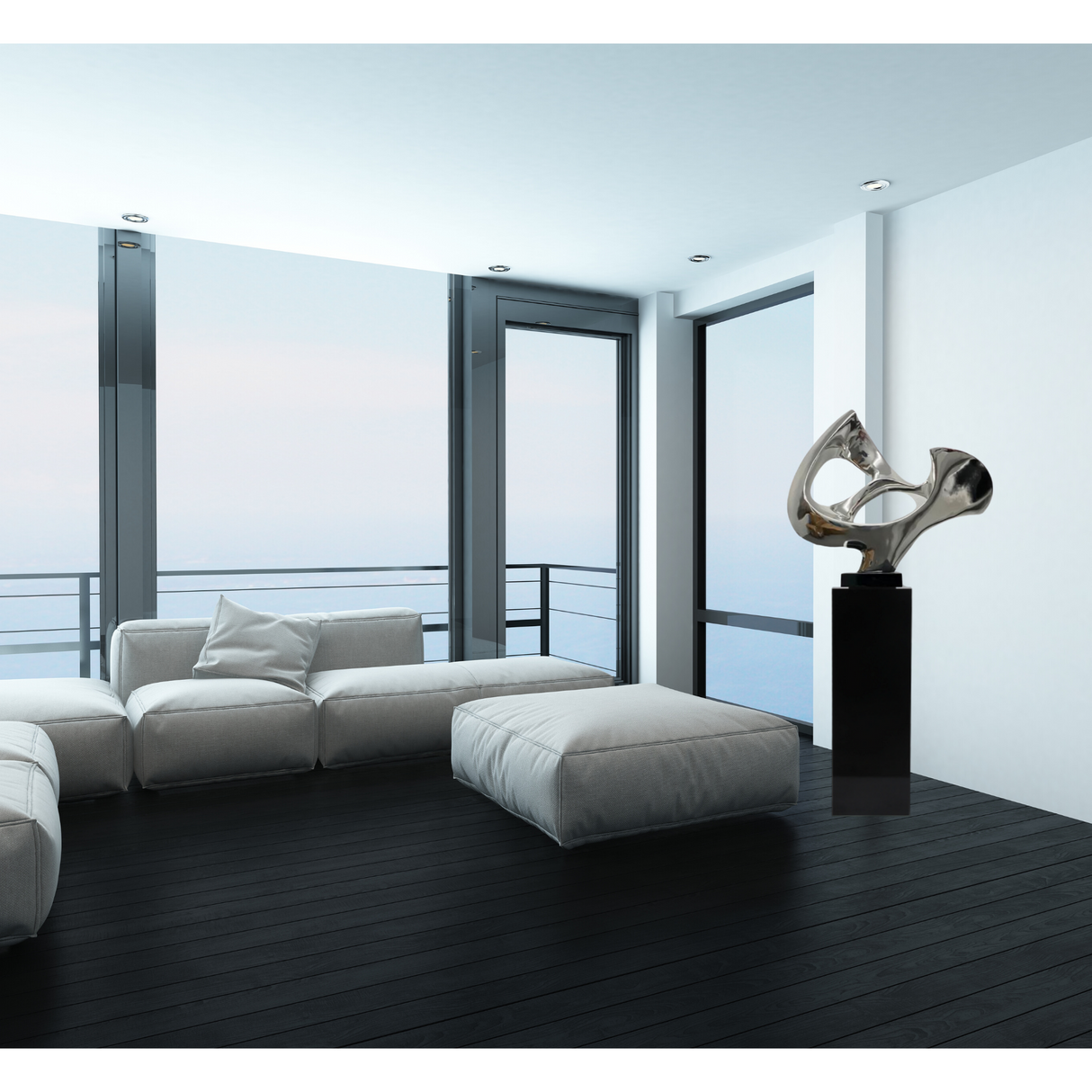 Abstract Mask 54" Tall Floor Sculpture // Chrome with Black Stand  | Finesse