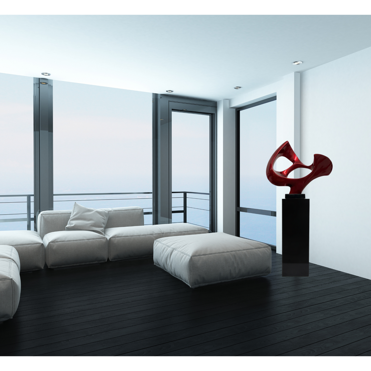 Abstract Mask 54" Tall Floor Sculpture // Metallic Red and Black Stand  | Finesse