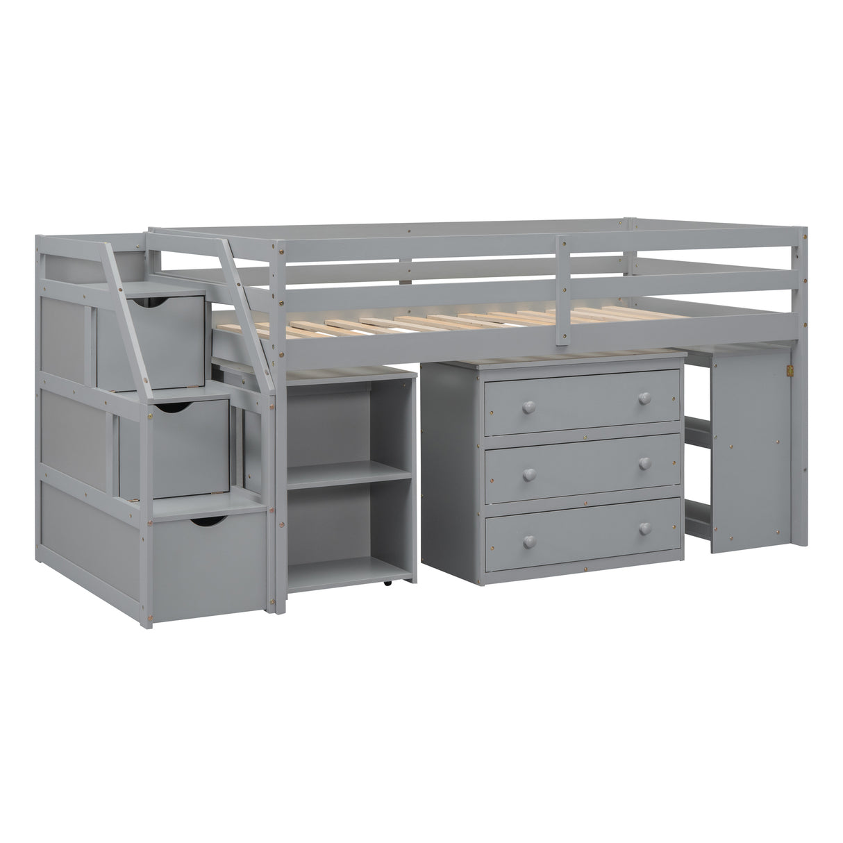 Twin Size Loft Bed with Retractable Writing Desk and 3 Drawers, Wooden Loft Bed with Storage Stairs and Shelves, Gray - Home Elegance USA