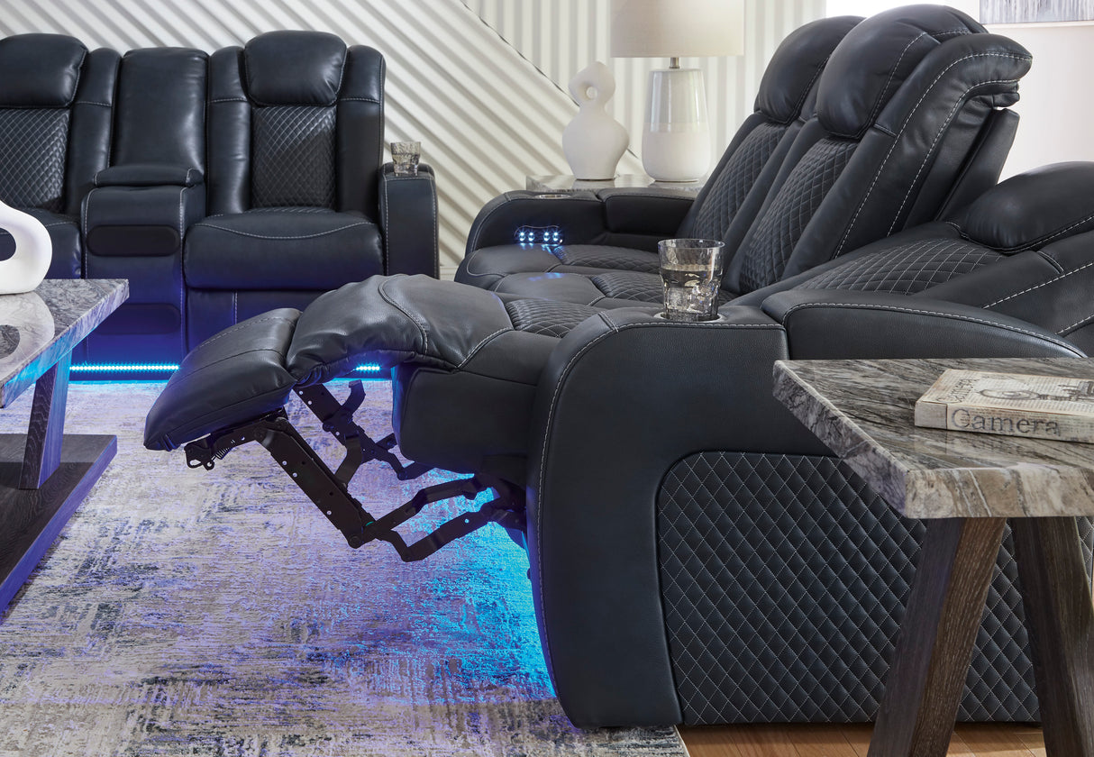 Power Reclining Sofa Sapphire Fyne-Dyme Adjustable Headrest Black Faux Leather - Ashley - Home Elegance USA