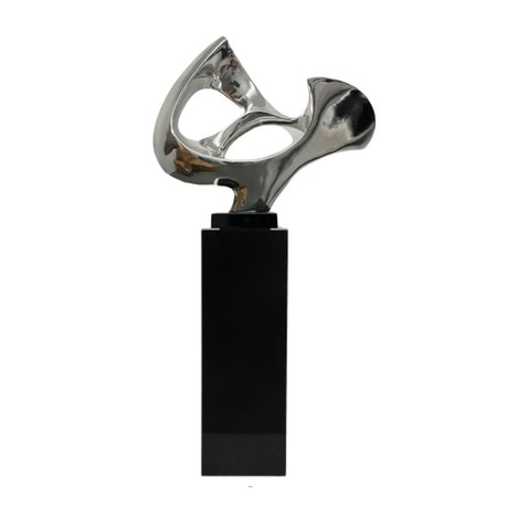 Abstract Mask 54" Tall Floor Sculpture // Chrome with Black Stand  | Finesse - sold by Home Elegance USA