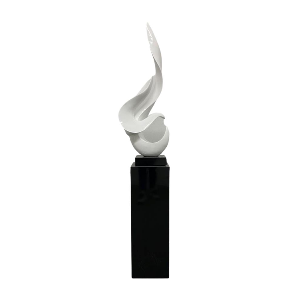 White Flame Floor Sculpture With Black Stand, 65" Tall  | Finesse -  Home Elegance USA